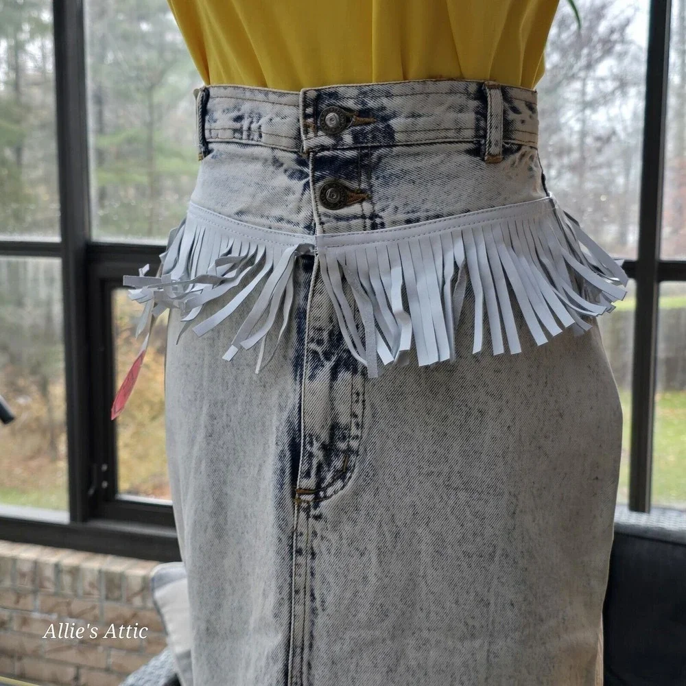 80s 90s Denim Jean Skirt Blue Acid Wash Mom High Waist Fringe Western 9/10 NOS - Picture 2 of 16